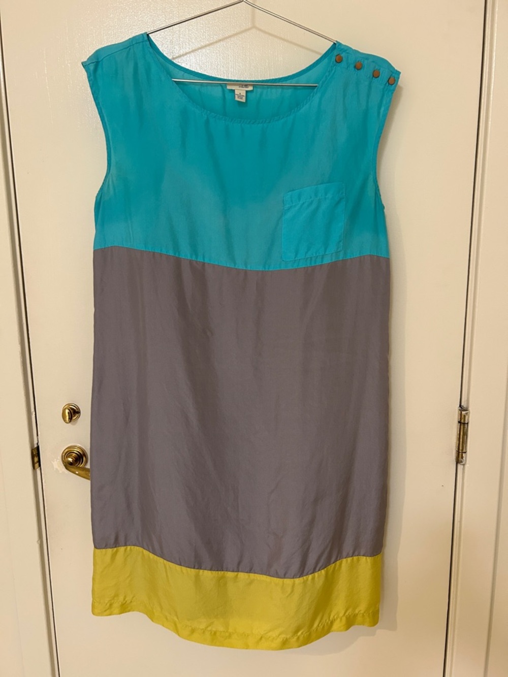Anthropologie Odille Sleeveless Colorblock Midi Dress in Teal, Gray & Lime